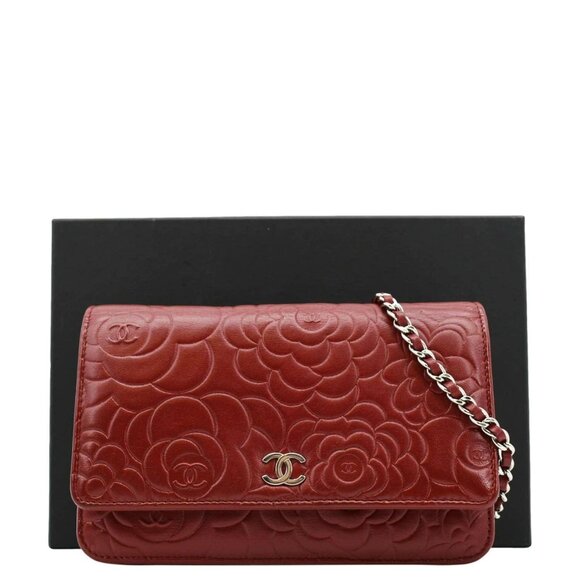 CHANEL Camellia Wallet On Chain Leather Crossbody Bag Red - Picture 3 of 14